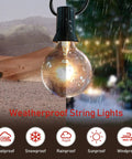 Close-up of 100 Ft Outdoor Globe String Lights With 110 G40 Bulbs, Weatherproof Lit Patio Party Lights under rain and sun conditions.