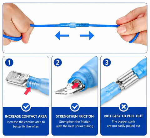 Hella Waterproof 150 Piece Heat Shrink Wire Connectors Kit Automotive Marine Electrical Terminals Assortment showing connector usage steps.