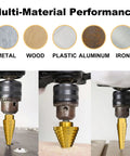 Step drill bit set, 5-piece titanium-coated HSS, gold color, installed in drill chuck; for metal, aluminum, wood, plastic.