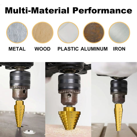 Step drill bit set, 5-piece titanium-coated HSS, gold color, installed in drill chuck; for metal, aluminum, wood, plastic.