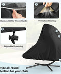 Heavy Duty 73 Inch Waterproof Patio Hanging Chaise Lounge Cover With Handle Bombproof Durable 600D UV Protected, featuring handle, ventilation, and drawstring, installed on a hammock chair swing.