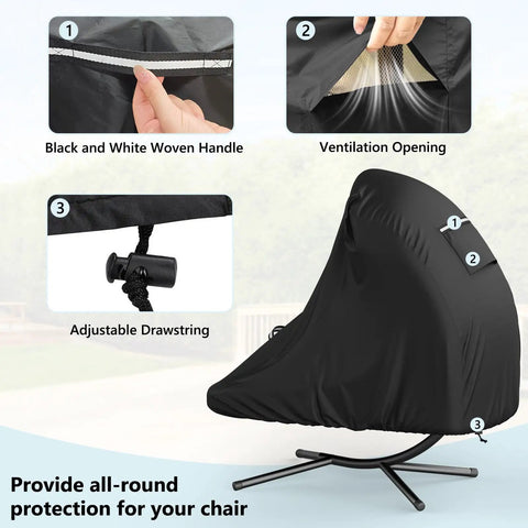 Heavy Duty 73 Inch Waterproof Patio Hanging Chaise Lounge Cover With Handle Bombproof Durable 600D UV Protected, featuring handle, ventilation, and drawstring, installed on a hammock chair swing.