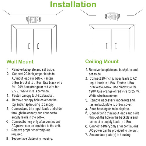 Installation diagram for Red Exit Sign LED Emergency Light Kit 120-277V Universal Voltage Double Face With Two Adjustable Heads