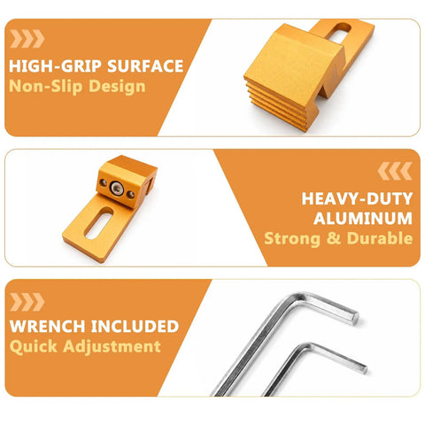 High-grip heavy duty aluminum hold down clamps for CNC routers and woodworking with included wrenches for setup.