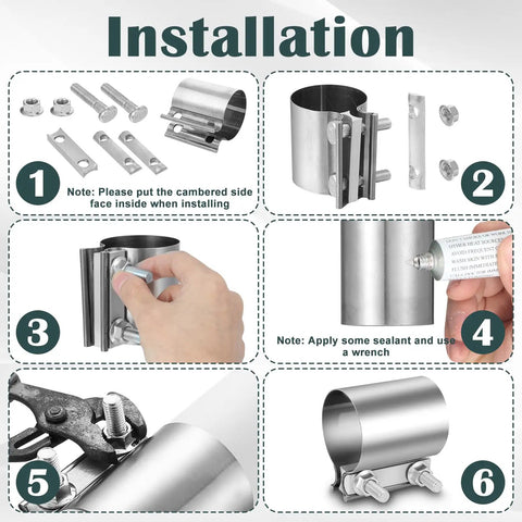 Installation steps for Four Piece 2.5 Inch Exhaust Clamp Set Stainless Steel 304 Quick No Weld Butt Joint Band Sleeve Coupler.
