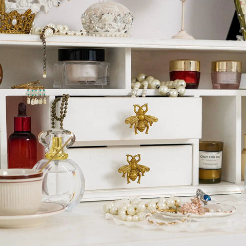 Set Of 6 Vintage Gold Zinc Bee Shape Cabinet Knobs For Doors Drawers And Dressers With Decorative Metal Hardware Pulls For Home Furniture In Antique European Style installed on white dresser