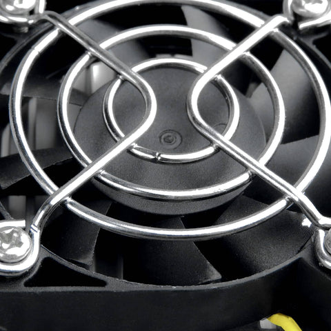 Close-up of cooling fan on 40V-90V To 12V Buck Converter 50A Beefy 600W DC-DC Step-Down Regulator for golf carts and EVs.
