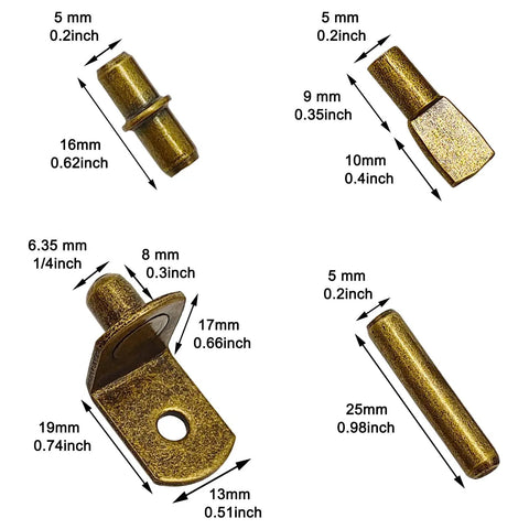 Heavy Duty Steel Shelf Pins And Pegs Kit Packs 104 Dang Tough Pieces for Bookshelves with bronze tone hardware and measurements.