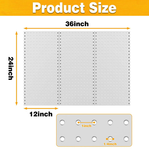 Heavy Duty Metal Pegboard Panels 12 By 24 Inches 3 Pack Grey Wall Mounted Tool Organizer Boards for garage and office with 1/4 inch peg hooks.