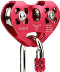 Heavy Duty Double Trolley Zipline Kit With 25kN Carabiner And Dual Tandem Pulleys for One Quarter Five Sixteenths Three Eighths One Half Inch Cable Backyard Zipline Climbing Rescue Gear, red aluminum design close-up.