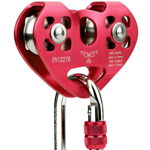 Heavy Duty Double Trolley Zipline Kit With 25kN Carabiner And Dual Tandem Pulleys for One Quarter Five Sixteenths Three Eighths One Half Inch Cable Backyard Zipline Climbing Rescue Gear, red aluminum design close-up.