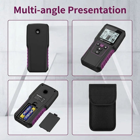 Wall Scanner Stud Finder 4 Modes Detector LCD Display Metal Wood Wire showcasing multi-angle views and battery compartment.