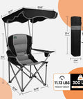 Folding Camping Chair With Canopy Shade And Cup Holders, Beach Ready Seat, Black, with carry bag, dimensions and weight details shown.