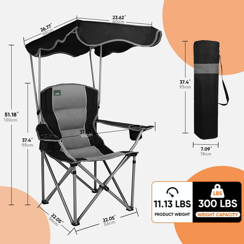 Folding Camping Chair With Canopy Shade And Cup Holders, Beach Ready Seat, Black, with carry bag, dimensions and weight details shown.