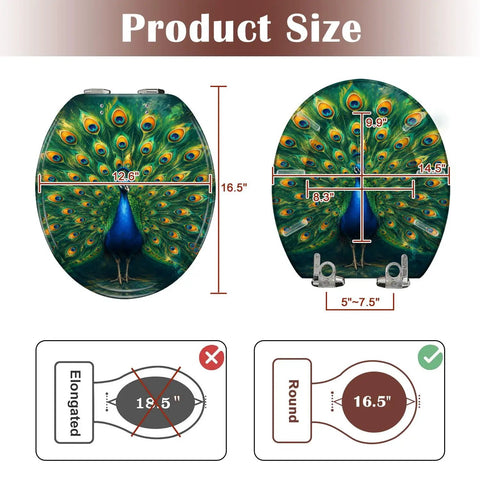 Round Majestic Peacock Chinoiserie Gold Feather Display Ornate Toilet Seat dimensions with height 16.5 inches and width 12.6 inches.