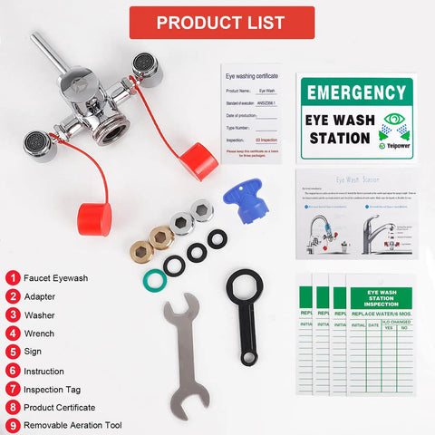 Faucet Mounted Eyewash Station Kit With 360 Degree Rotating Nozzle Emergency Eyewash Attachment For Sinks OSHA Approved First Aid Eye Flush Kit Includes Four Adapters For All Removable Aerator Faucets, shown with components and installation guide.