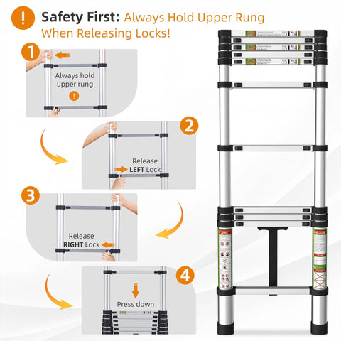 Telescoping Aluminum Ladder For RV And Attic 20.3 Ft Extension With Dual Locking System 330 Lb Load Ultra Compact Space Saving Foldable Design For Roofs Home Travel Trailer And Multi Surface Use showing lock release steps