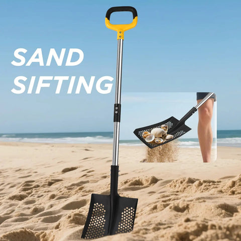 Long Lightweight Beach Sand Sifting Shovel With Ten Millimeter Holes for beach finds and quick sand filtering on a sunny beach.