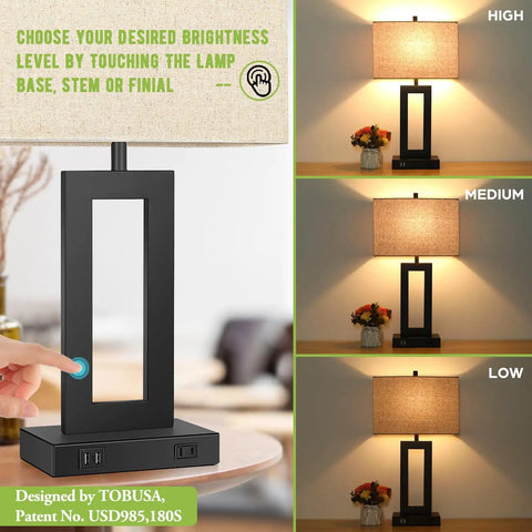 Set Of 2 Touch Control Table Lamps With Two USB Ports Three Way Dimmable Modern Nightstand Lamps For Bedside Desk With Fabric Cream Shade Perfect For Bedroom And Living Room Reading Bulbs Included, showing brightness levels and touch setting.