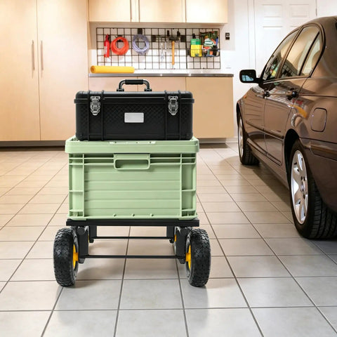 Totally Savage Six Wheel All Terrain Furniture Dolly With 1200 Pound Capacity Built Like A Tank For Heavy Duty Moving Rugged Carbon Steel Frame And Rock Solid Rubber Wheels For Easy Move On Carpet Tile Floors And Bumpy Concrete Ground, loaded with storage bins in garage