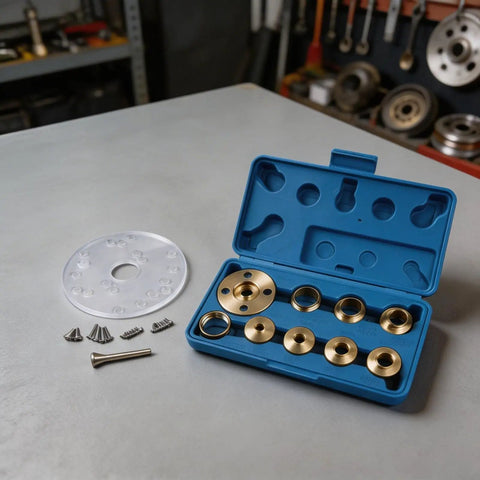Rock Solid Brass Router Guide Bushing Set With Acrylic Base Plate And Dang Accurate Centering Pin Complete Metric Kit For Template Routing Inlay Work Sleek Storage Case with brass bushings and acrylic plate.