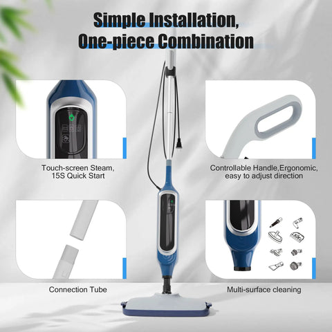 12 In 1 Steam Mop Is A Total Game Changer For Deep Cleaning Hardwood Floors And Tile With Detachable Handheld Mode showing touch-screen and connection tube.