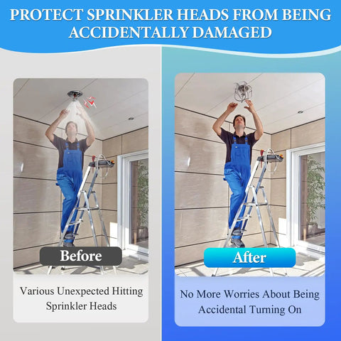 Before and after image showing protection for fire sprinkler heads using 16 Pack Straight Up Heavy Duty Silver Fire Sprinkler Head Cage Guards.