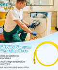Technician using 72 Inch 3/8 Inch HVAC Vacuum Hose Pro Grade With Standard 3/8 X 3/8 Flare Fittings Low Resistance High Flow For Fast Evacuation And Recovery 20 Micron Vacuum Yellow Color Coded For Vacuum And Charge
