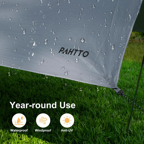 Beefy 16x12 Ft Camping Tarp With Poles Waterproof Canopy Rain Shelter showing rain droplets on UV resistant fabric