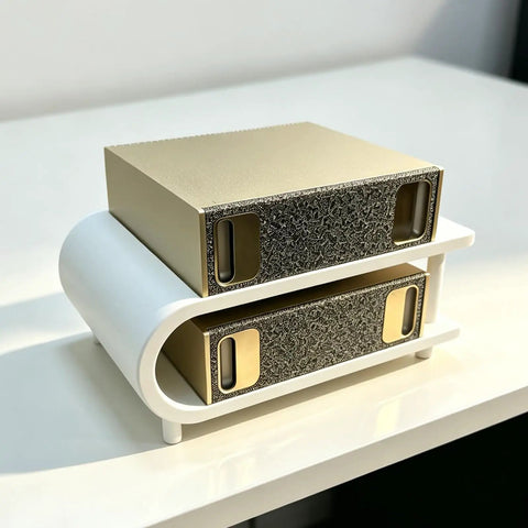 Top Notch Dual Tier Desktop Stacking Rack Compatible With Nvidia DGX Spark Reversible Workstation Stand For Open Air Cooling And Portable Computing Desk Saver Organizer displayed on a white surface.