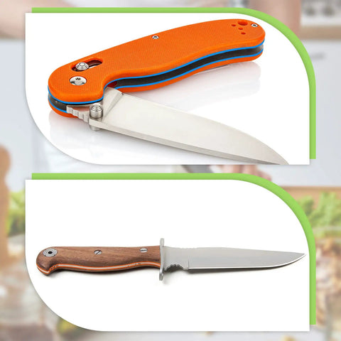 Folded knife with orange G10 handle and straight knife with wooden handle, featuring 20 Pcs G10 Spacer Sheets For DIY Knife Making Kit
