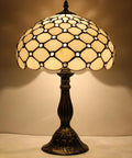 Tiffany Style Cream Amber Stained Glass Table Lamp With Bead Accents for a Lit Desk or Bedside Vibe, 12 Inch Shade, 18 Inch Tall