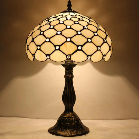 Tiffany Style Cream Amber Stained Glass Table Lamp With Bead Accents for a Lit Desk or Bedside Vibe, 12 Inch Shade, 18 Inch Tall