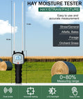 Portable Hay Moisture Meter With Dual Probe Forage Tester Fast Accurate Readings From 0 To 80 Percent With Auto Temperature Compensation Great For Alfalfa Orchard Grass And Bales Helps You Nail Harvest Timing And Safe Stocking. Black dual-probe hay moisture tester with LCD display, 19.3in probes