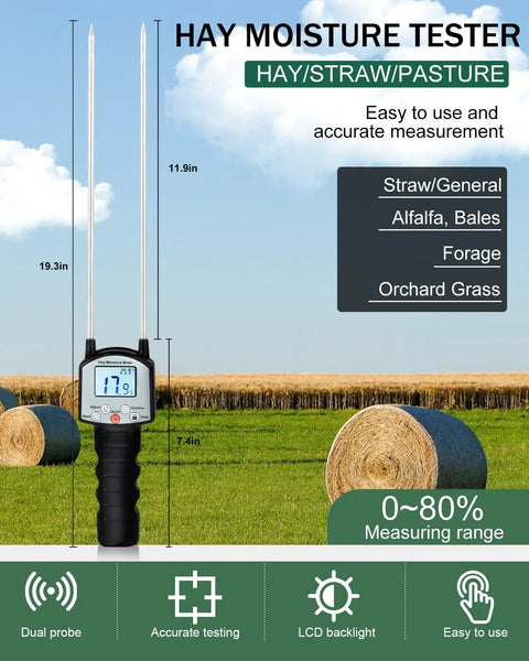 Portable Hay Moisture Meter With Dual Probe Forage Tester Fast Accurate Readings From 0 To 80 Percent With Auto Temperature Compensation Great For Alfalfa Orchard Grass And Bales Helps You Nail Harvest Timing And Safe Stocking. Black dual-probe hay moisture tester with LCD display, 19.3in probes