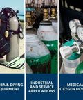 Front view of scuba diving equipment on sand: scuba tank with regulator and gauges.
Close-up side view of industrial gas cylinders with brass regulators and valves.
Installed view of medical oxygen regulator with two gauges on a green cylinder.