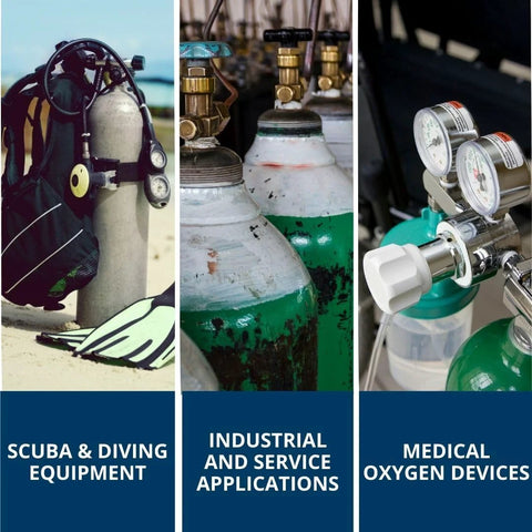 Front view of scuba diving equipment on sand: scuba tank with regulator and gauges.
Close-up side view of industrial gas cylinders with brass regulators and valves.
Installed view of medical oxygen regulator with two gauges on a green cylinder.