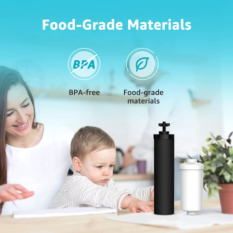 Mother and child with Outdoor-Ready Black Water Filter Replacement For Berkey And Purewell Systems, BPA-free, food-grade material.