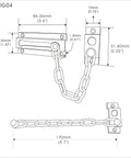 Diagram of Built Tough Solid Brass Chain Door Guard With Nine Link Steel Security Bar dimensions and features for easy setup.
