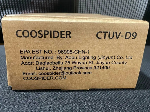 Brown box of 9W In Duct HVAC UVC Lamp For Whole House Air Purification 253.7 Nm Ozone Free 110V with manufacturer details