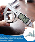 Person measuring a metal washer with a caliper beside Heavy Hitter M8 X 16mm Knurled Thumb Screws, Six Pack Carbon Steel Shoulder Bolts.