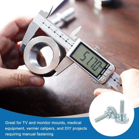 Person measuring a metal washer with a caliper beside Heavy Hitter M8 X 16mm Knurled Thumb Screws, Six Pack Carbon Steel Shoulder Bolts.