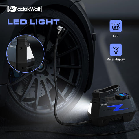 Portable 12V Car Tire Inflator Air Pump With LED Light and 150 PSI Digital Gauge, connected to car tire at night