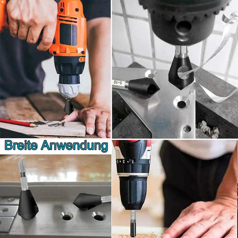 Collage showing 4Pc M35 Cobalt Countersink Bits 90 Degree Set For Metal Stainless Steel Wood Workhorse Quality in various uses