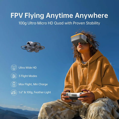 Person using Protos FPV Drone RTF Kit With Built In Walksnail 6G VTX 1080p60 HD Digital Video Transmission outdoors