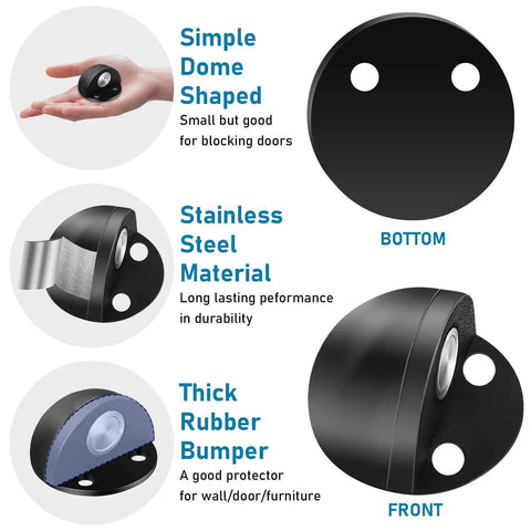 Magnetic Door Stop No Drill Self Adhesive Floor Door Stopper Stainless Steel Black 4 Pack with simple dome shape and rubber bumper