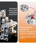 AcmeFlare 4 Axis All Metal Mini Lathe Machine 60W High Power clamping three-jaw with round bar for precision machining.