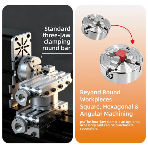 AcmeFlare 4 Axis All Metal Mini Lathe Machine 60W High Power clamping three-jaw with round bar for precision machining.