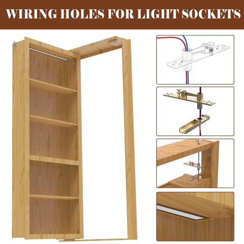 Hidden Bookcase Pivot Hinges With Concealed Wire Passage For Your Secret Murphy Door Heavy Duty DIY Kit Supports 150 Lbs Five Eighth Inch Offset Invisible Hardware For Bookshelf Entrance Easy Install, shown in use on a wooden bookcase, highlighting concealed wiring.
