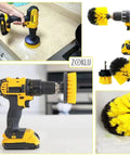 Drill Brush Scrubber Set With Nylon Bristles, 2, 3.5, and 4 Inch Heads, shown attached to a drill cleaning various surfaces.